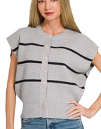 Zenana Striped Viscose Sweater Vest with Button-Down Front