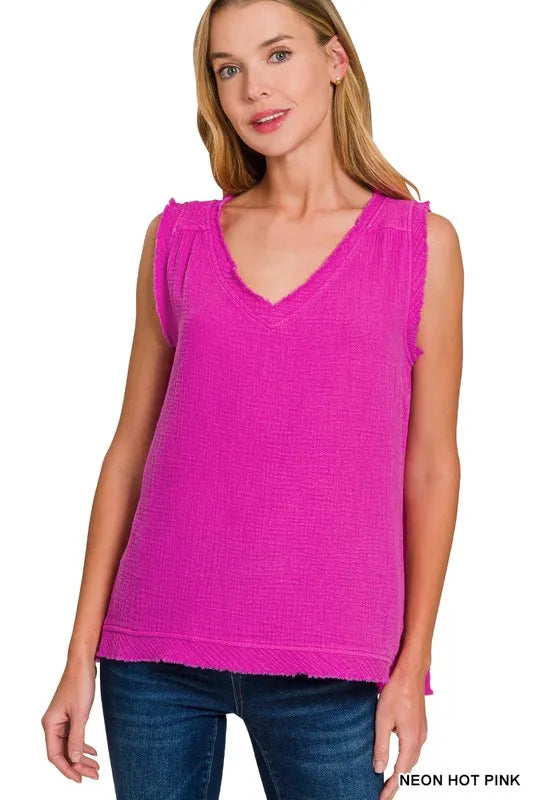 Zenana Double Gauze Raw Edge V-Neck Tank Top