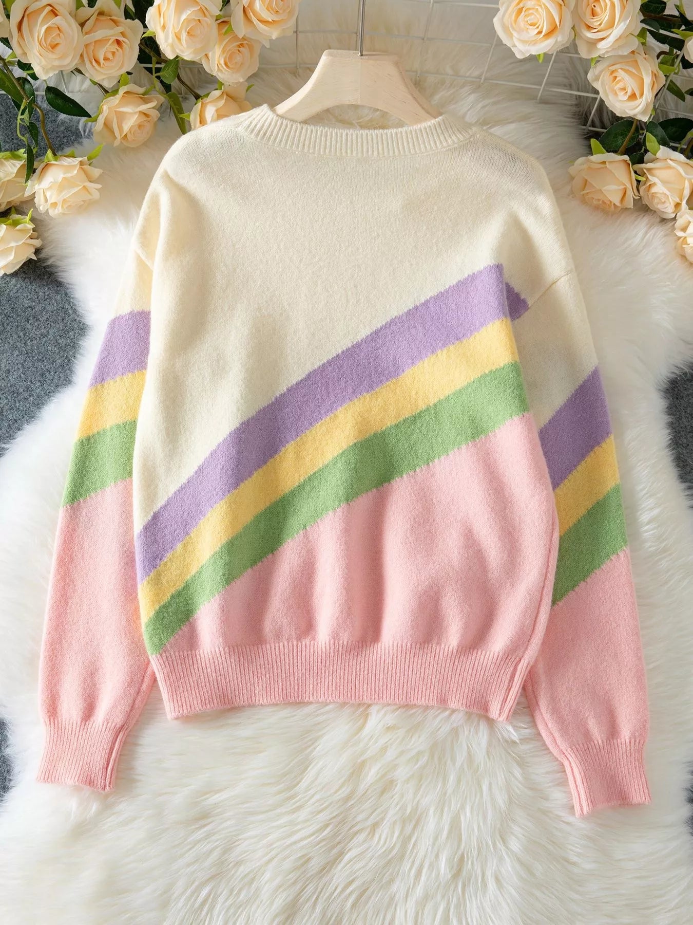 Women's Sweater Rainbow Stripe Button Drop Shoulder Knit Pullover 2e5d9ad6-d780-4a18-a7d1-523575a9b015-Max-Origin Trendsi