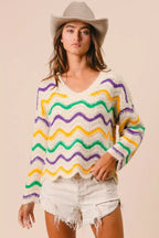 BiBi Womens Sweater Mardi Gras Wavy Stripes V-Neck Open Knit Pullover 2e60eb1d4ca34ba7a7e0e5aa7a6662ef-Max-Origin Trendsi