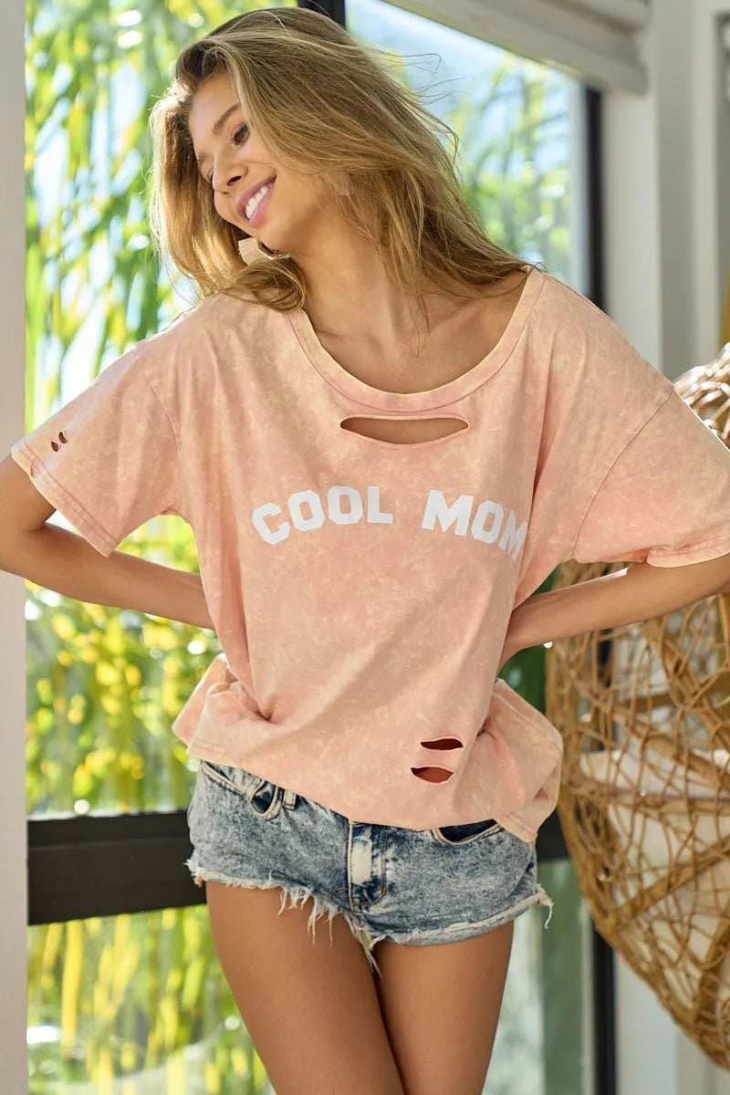 BiBi Cotton T-shirt Cool Mom Print Pink Washed Laser Cut Detail Top 2e614e76be73486299459982f6da6ff4-Max-Origin Trendsi