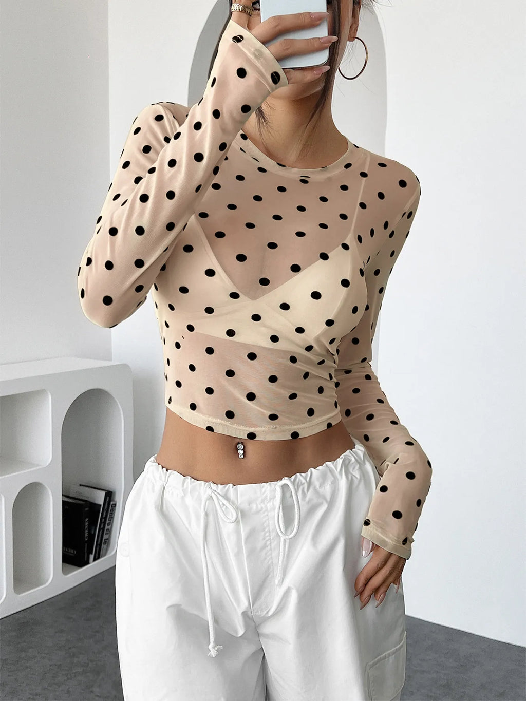 Women's Mesh Crop Top Polka Dot Long Sleeve Sheer Blouse 2e69c8f14bb14de4a02abdac0a10b20b-Max-Origin Trendsi