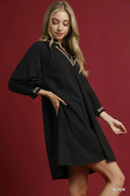 Umgee Short Shift Dress Black Notched Collar with Trim Lace Detail 3/4 Sleeve 2e829bf1-7f9c-413e-b0df-40173306b4d9-Max-Origin Trendsi