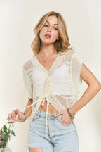 ADORA Crochet Top Beige Drawstring Detail Tied Ruched Openwork 2e88896afe3249e28d4314077562ce7f-Max-Origin Trendsi