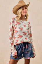 BiBi Womens Knit Top Floral Print Washed Waffle Thermal Blouse 2e89c182c8254aca8187fc619201d780-Max-Origin Trendsi