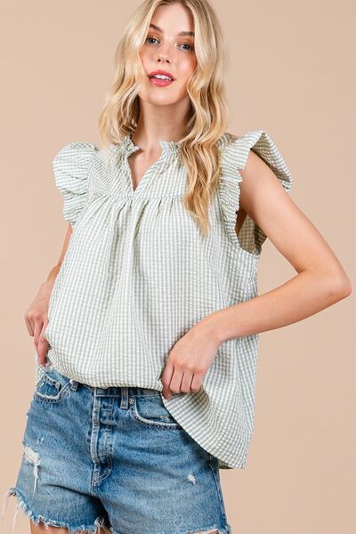 Ces Femme Plaid Blouse Notched Ruffled Cap Short Sleeve Light Green 2e89ccde-6caf-4c36-bdac-88bdf1fcb6df-Min Trendsi