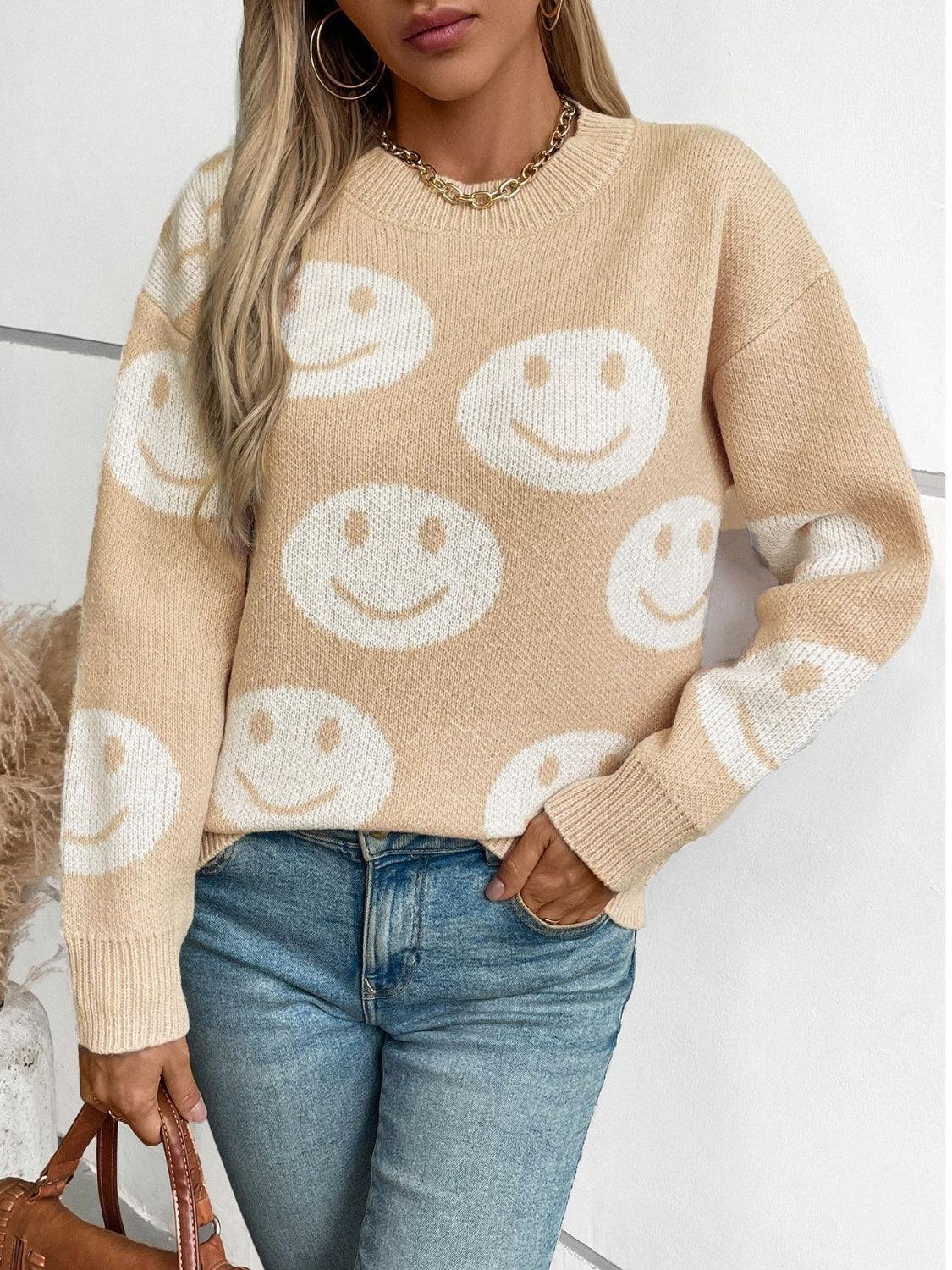 Sweater Smile Pattern Round Neck Long Sleeve Knitwear Tan 2e996dba-da06-4268-b153-b6d633d8336b-Max Trendsi