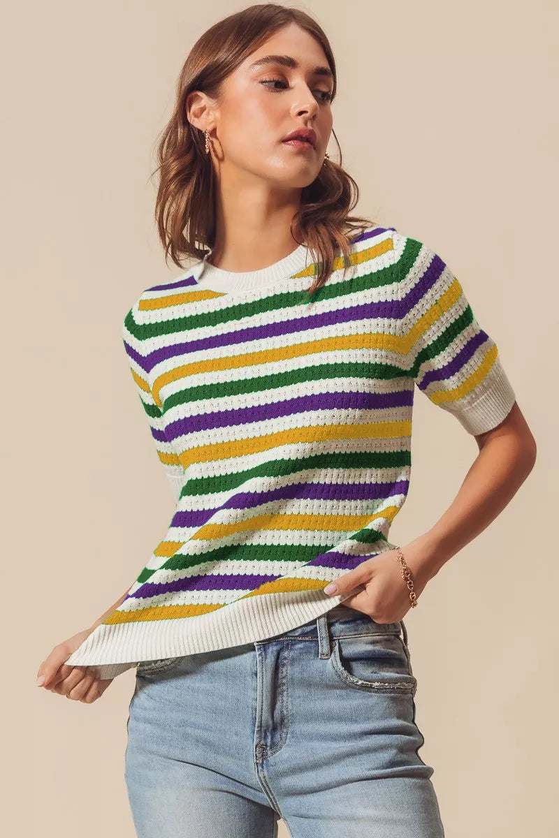 SO ME Mardi Gras Crew Neck Stripe Breathable Sweater IVORY 2e9e8dd61d58443d95a3f0ed15e4f671-Max-Origin Trendsi