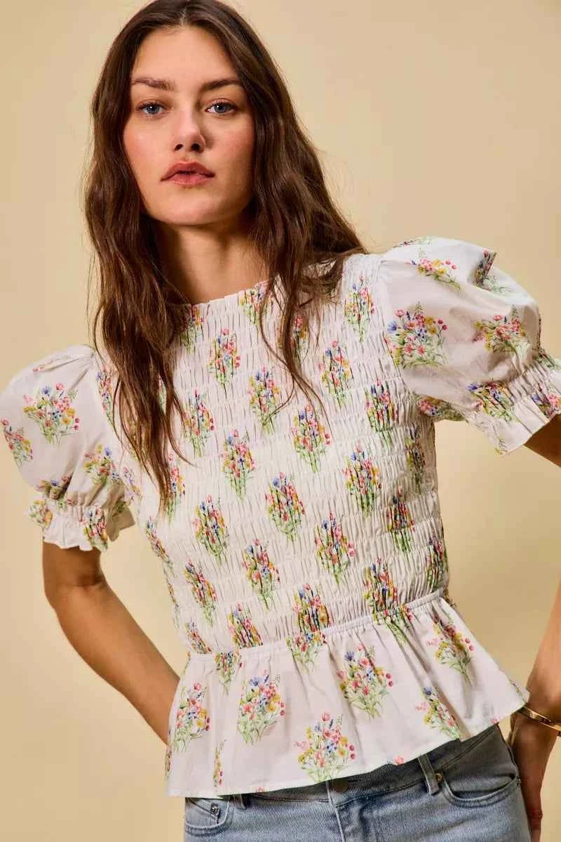 SO ME Floral Cotton Smocked Short Sleeves Blouse