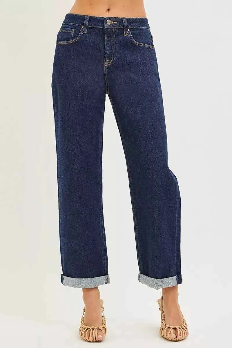RISEN Slouchy Cropped Boyfriend Jeans With Cuffed Hem SOLID DARK 2ea3289aa41f46e2b949f279b7ccd48b-Max-Origin Trendsi