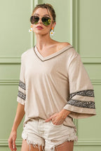 BiBi Cotton T-shirt Triblend Knit with Leopard Short Sleeve Band Detail Top 2ea41d0b502e413b8e3485fa29fdfc3f-Max-Origin Trendsi
