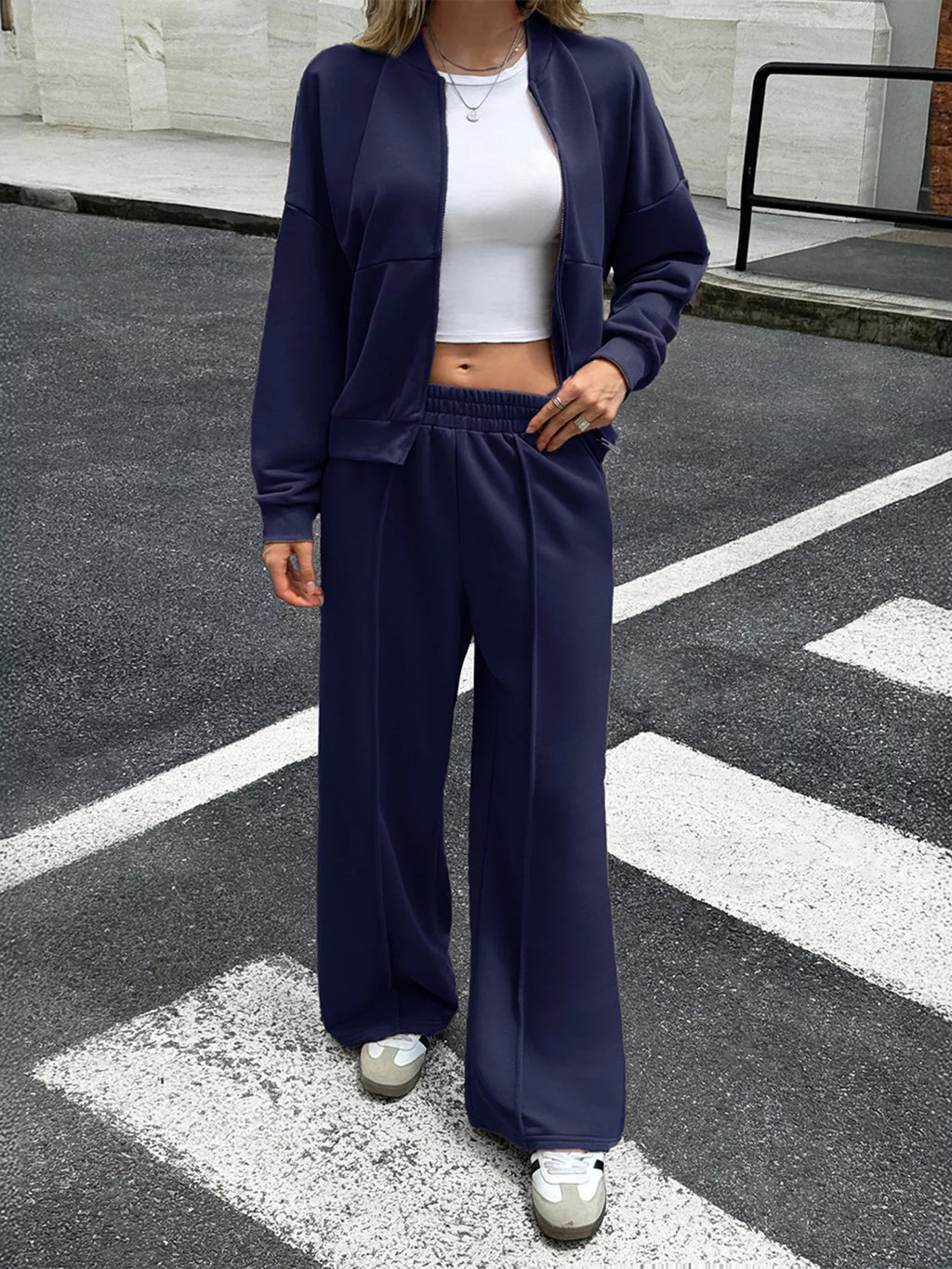 Womens Outfit Set Zip Up Drop Shoulder Top and Pants 2 Pcs Navy 2ea55e4e43714e33bb665d737609b95f-Max-Origin Trendsi
