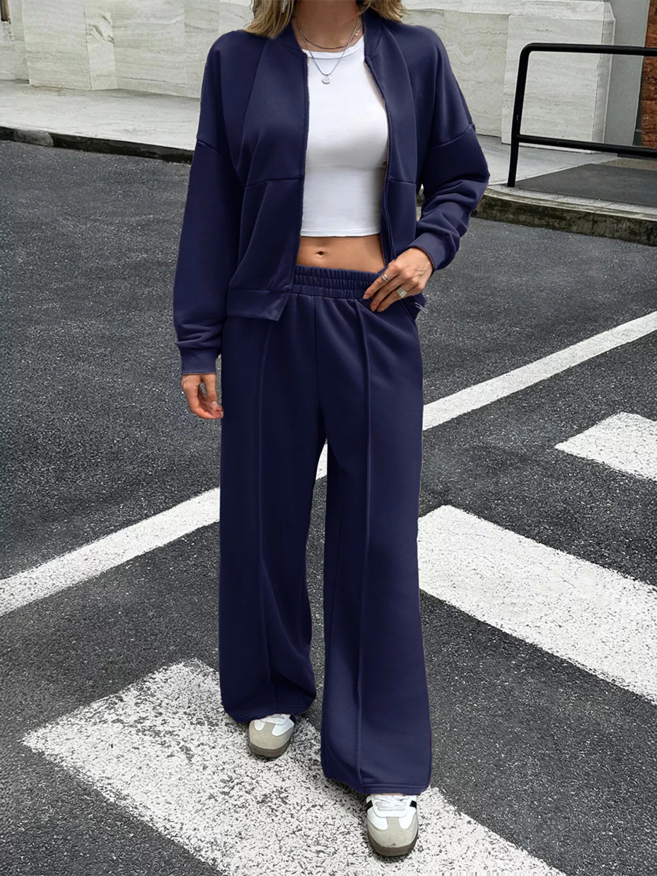 Womens Outfit Set Zip Up Drop Shoulder Top and Pants 2 Pcs Navy 2ea55e4e43714e33bb665d737609b95f-Max-Origin Trendsi