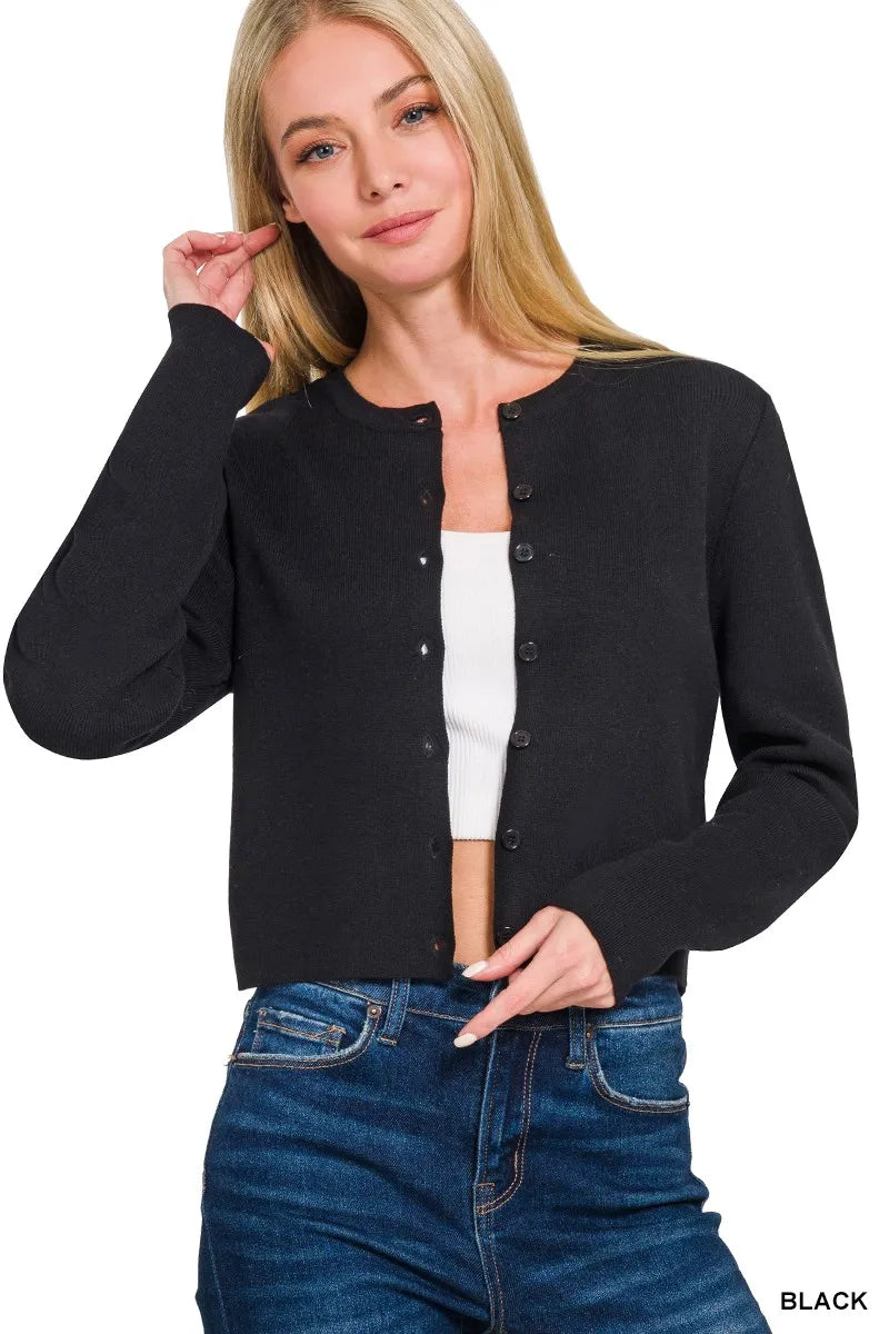 Zenana Cropped Cardigan Black Knit Button-Front Crewneck Long Sleeve 2ea6e628f38f4382a5f103b46edb6adc-Max-Origin Trendsi