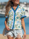 Floral Print Contrasted Frilled Striped Trim Short Sleeve Blouse
