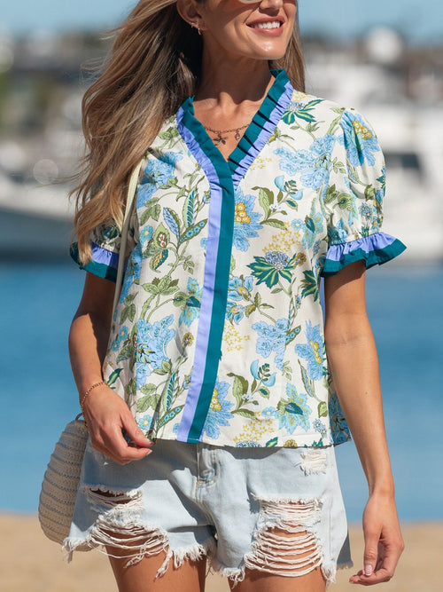 Floral Print Contrasted Frilled Striped Trim Short Sleeve Blouse