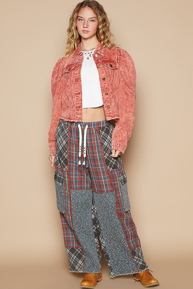 POL Cropped Denim Jacket Brick Red Raw Hem Button Up Long Sleeve 2eaccdd1-f5d0-4e10-ab52-5d27183f33dd-Max Trendsi