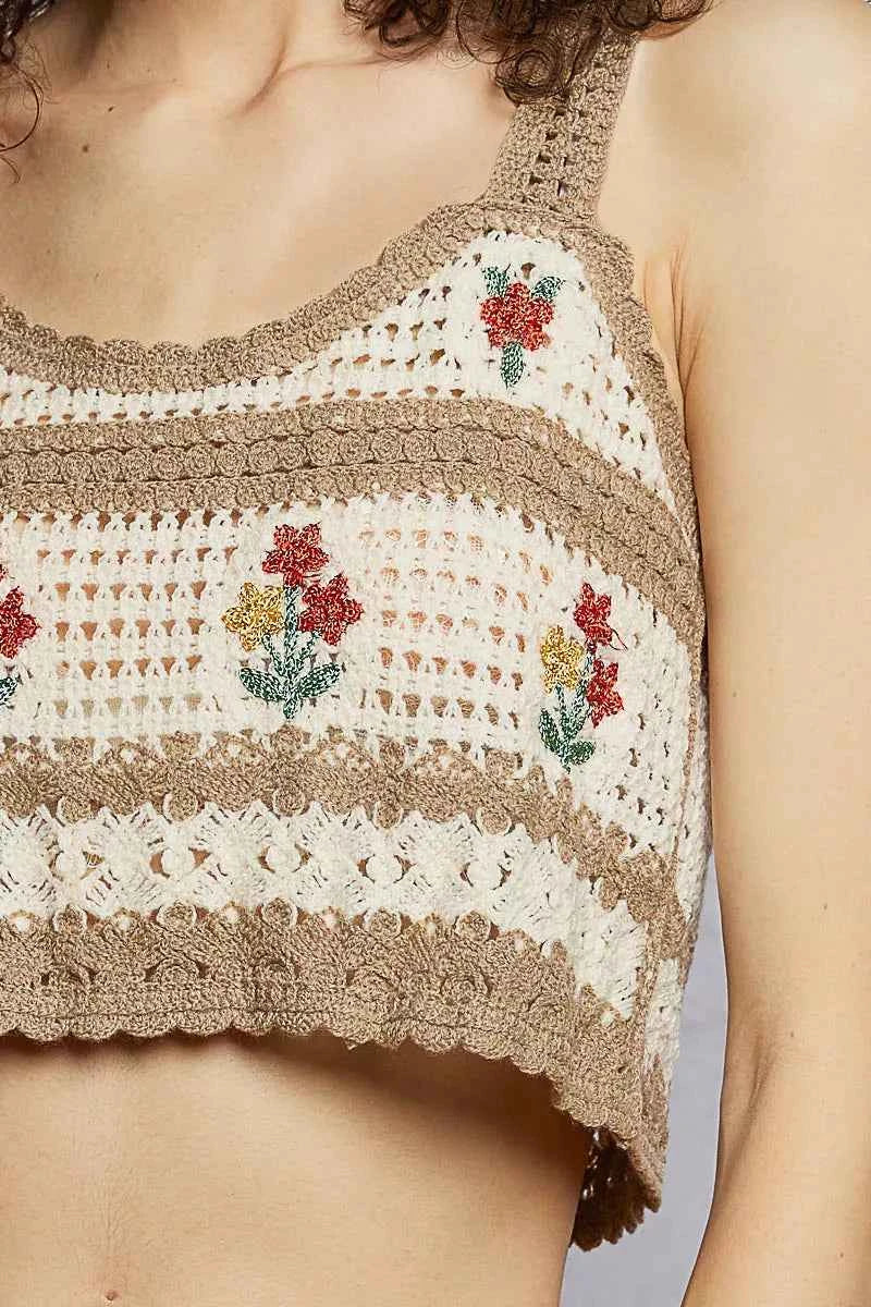 POL Crochet Cropped Cami Mocha Multi Floral Embroidered with Scalloped Hem Top 2eb87208-e3a4-4399-9dc6-db6b1ea0daa3-Max-Origin Trendsi