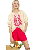 Umgee Embroidered Puff Sleeve Blouse