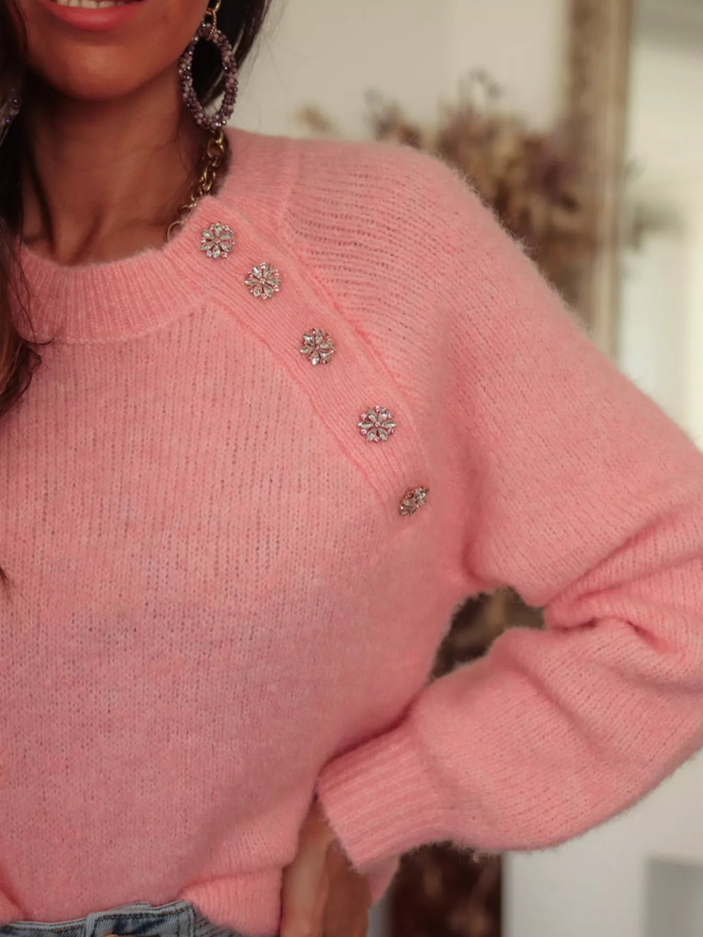 Women's Sweater Button Detail Shoulder Ribbed Hem Dusty Pink Knit Pullover 2eba3ad721c4412f930998cf4abc008a-Max-Origin Trendsi