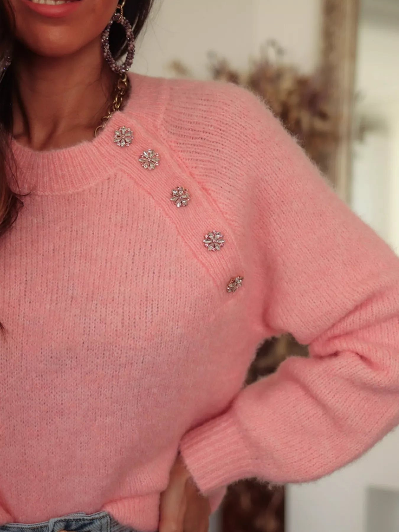 Women's Sweater Button Detail Shoulder Ribbed Hem Dusty Pink Knit Pullover 2eba3ad721c4412f930998cf4abc008a-Max-Origin Trendsi