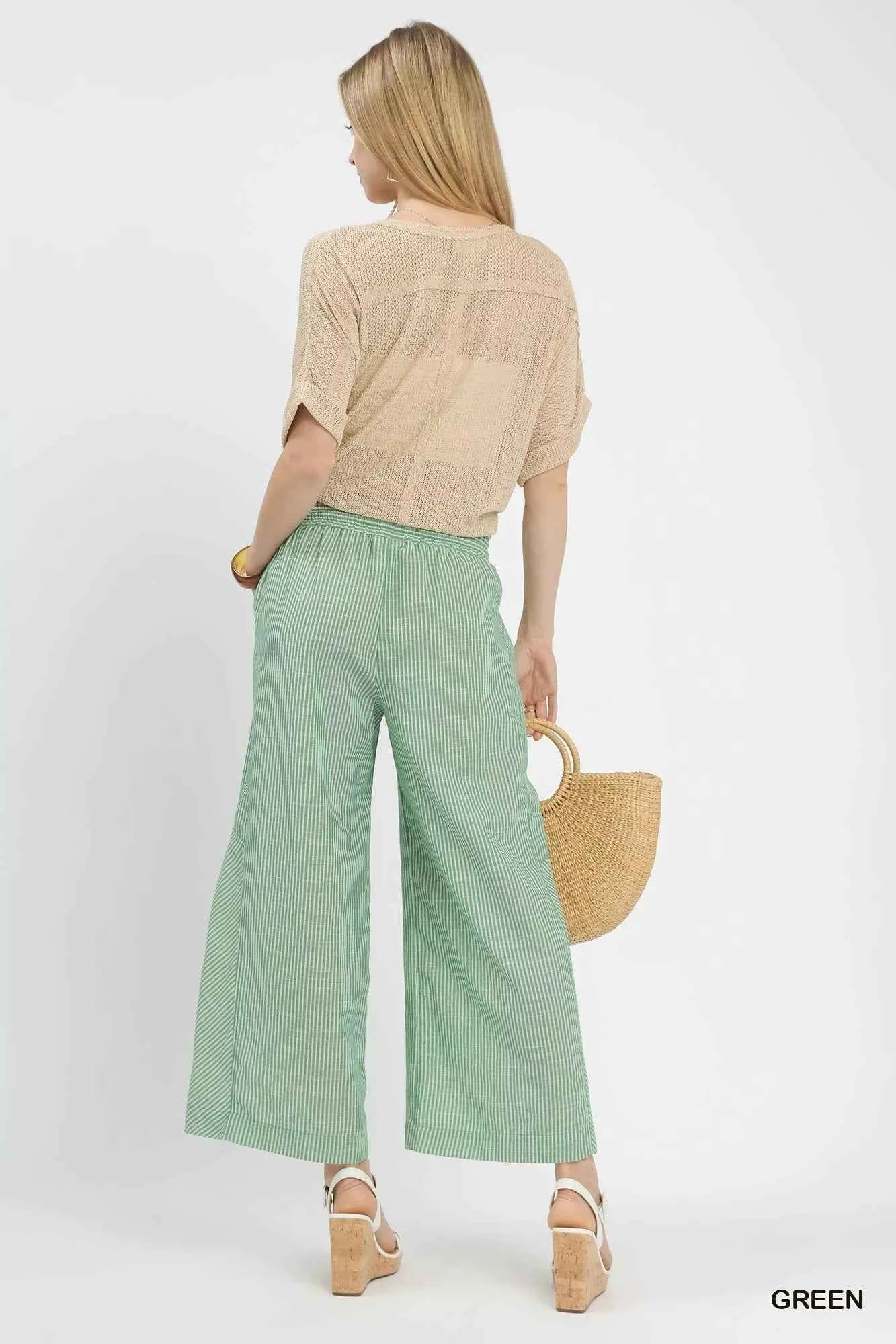 Umgee Striped Wide Leg Pants Linen Blend Green Women Trousers 2ebd3121-3621-40e2-b4a9-0168080a5137-Max-Origin Trendsi