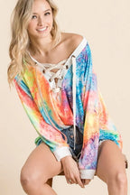 BiBi Tie Dye Womens Top Deep V-neck Blouse With Lace Up Front 2ebf4bb78ca148dba103b4953ef95595-Max-Origin Trendsi