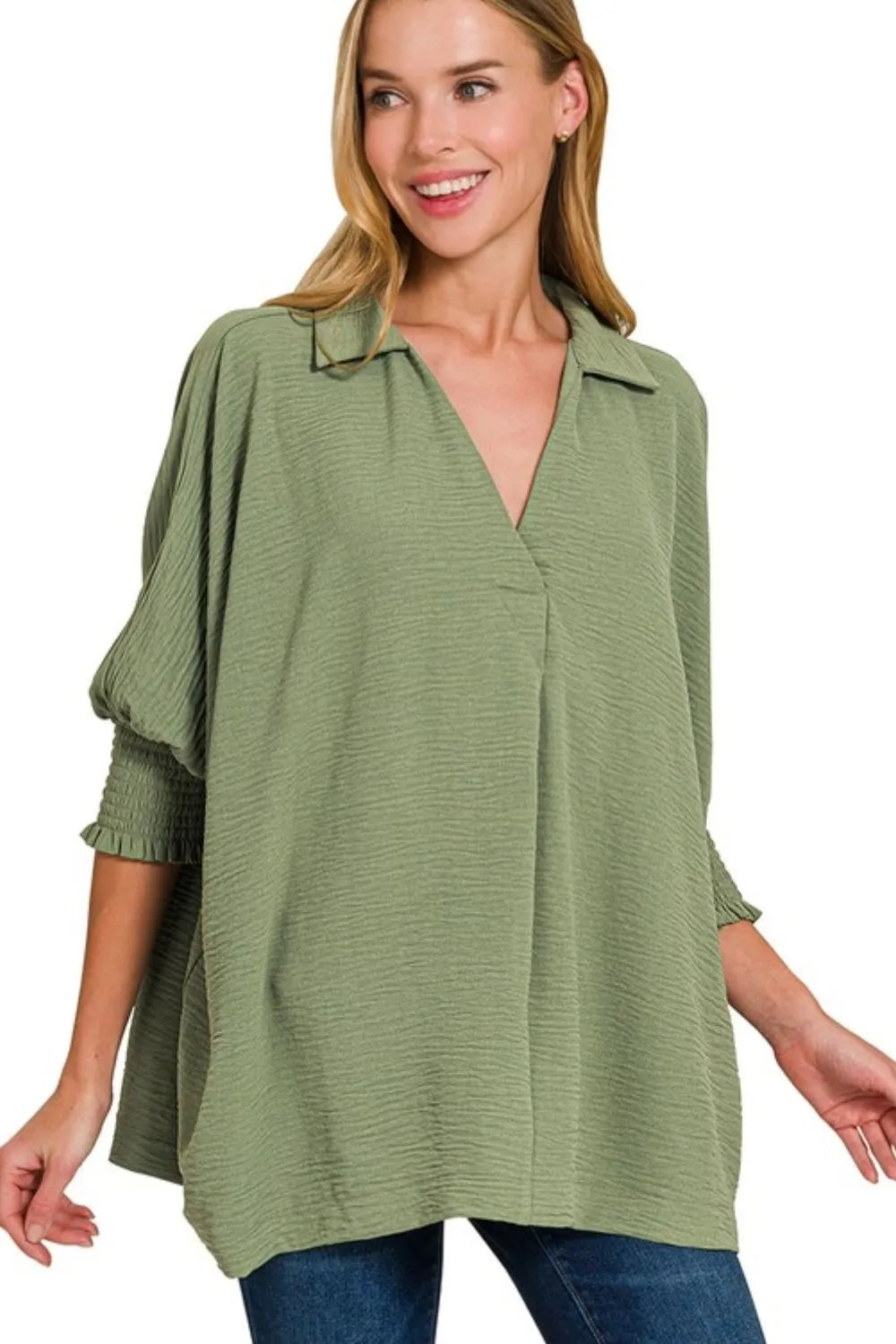 Zenana Collar Tee Olive Airflow with Smocked Sleeve Band Top 2ec170e9-6d1d-446b-89eb-4d6136f0ae22-Max-Origin Trendsi