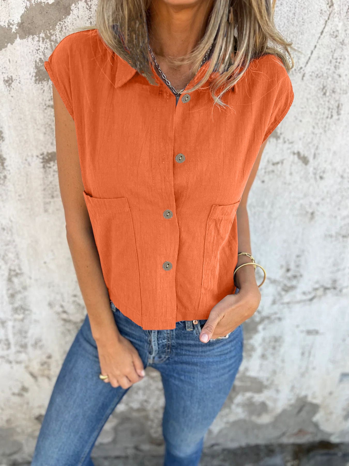 Button-Down Cap Sleeve Shirt with Pocket, 95% Polyester and 5% Spandex