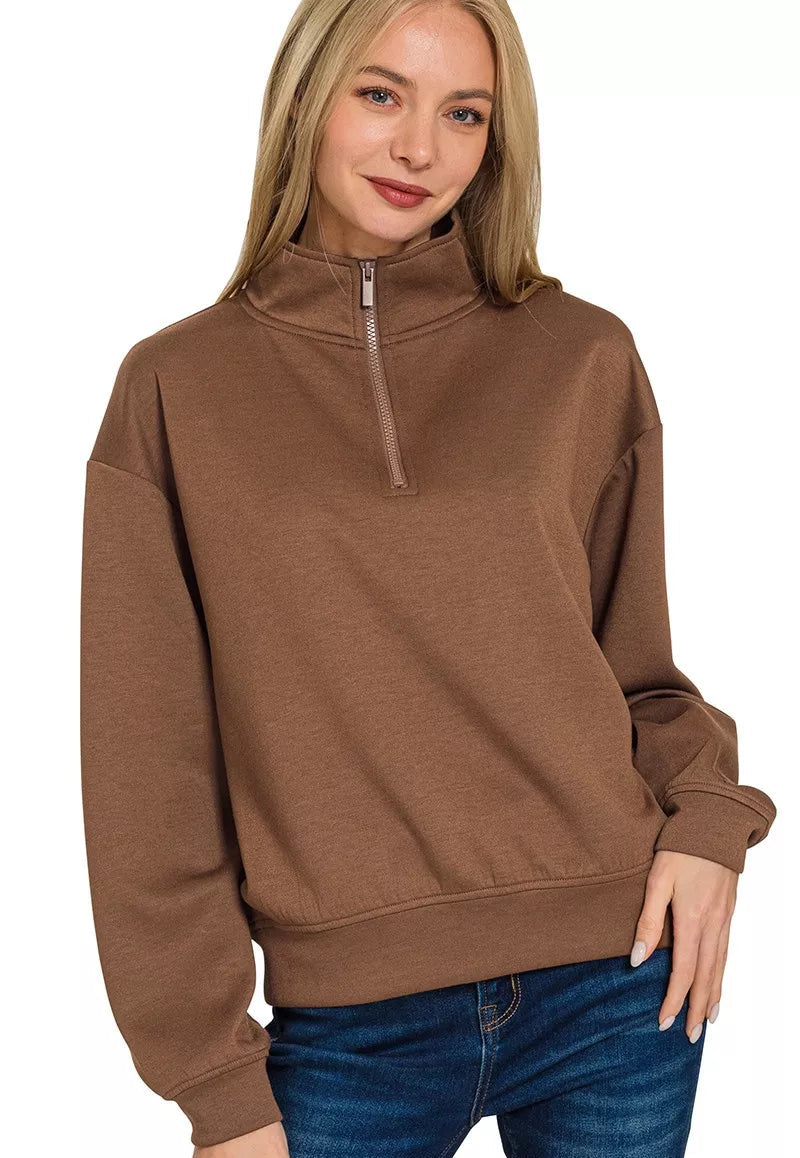 Zenana Scuba Half Zip Pullover Sweatshirt BROWN 2ece5822d1b042bfaec1d10359ed0373-Max-Origin Trendsi