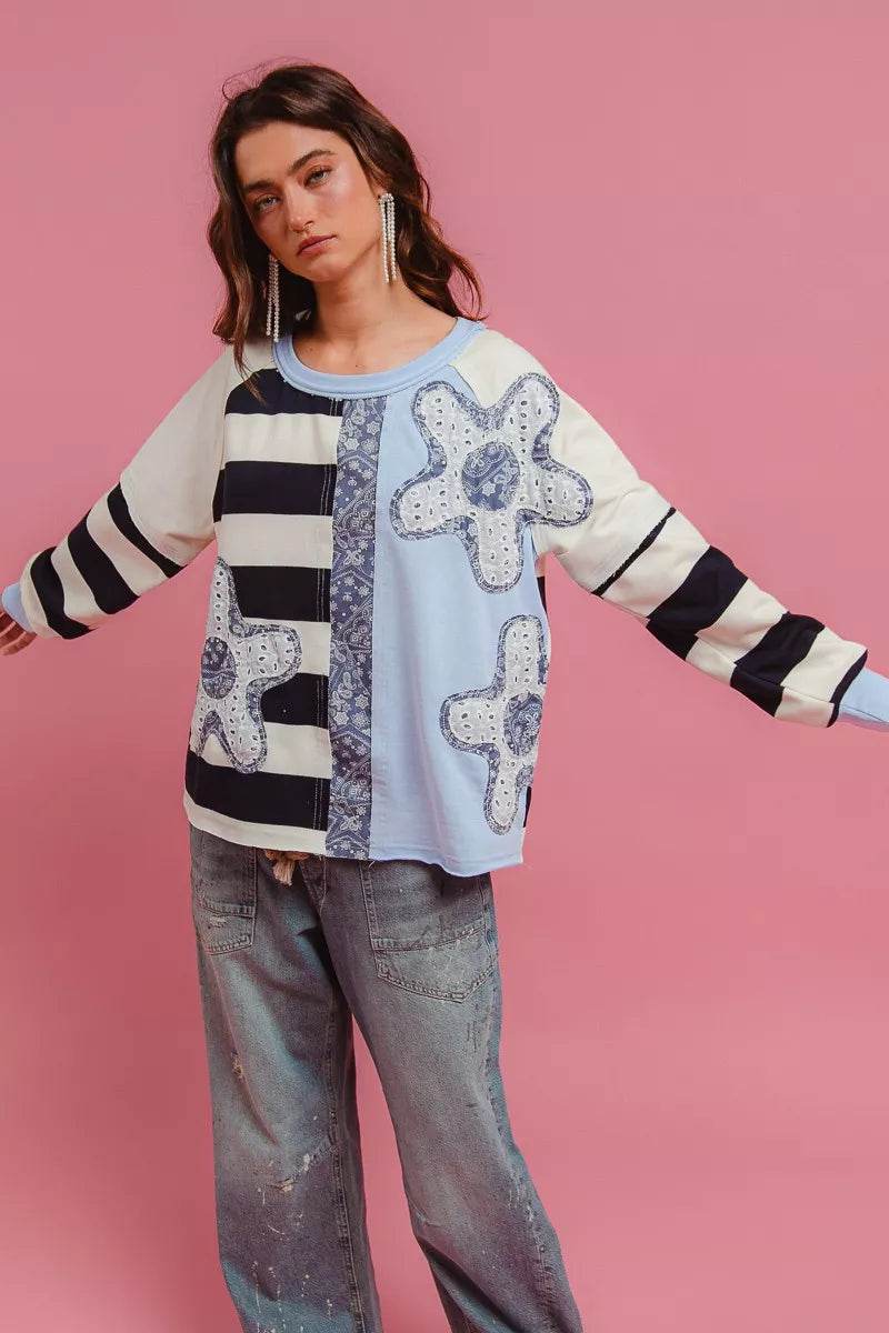 BiBi Sweatshirt Flower Patchwork Striped Round Neck Long Sleeve Top 2ed07b7bfdb74006b8f775206cde8548-Max-Origin Trendsi