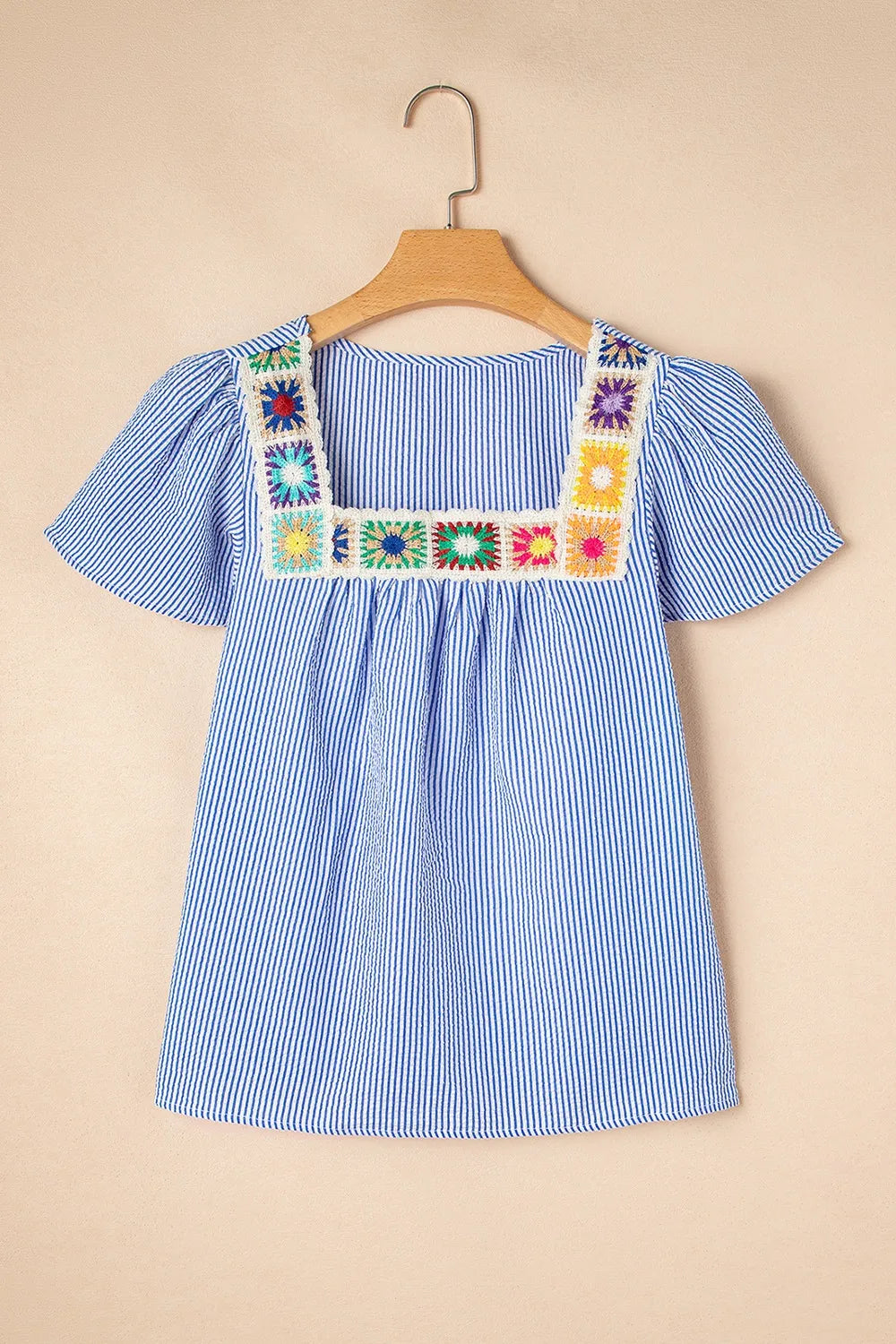Women's Blouse Blue Stripe Floral Embroidered Square Neck Ruffle Short Sleeve 2ed37c6a-5d35-4b08-87a8-f19feb6d0f79-Max-Origin Trendsi