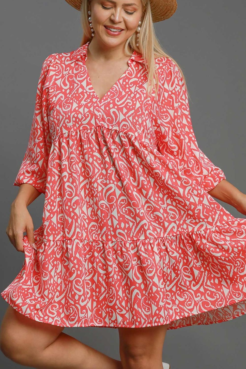 Umgee Mini Dress Coral Mix Two Tone Print Balloon Sleeve Tiered 2ed4f857-cc99-4172-91e6-fd0f1881100a-Max Trendsi