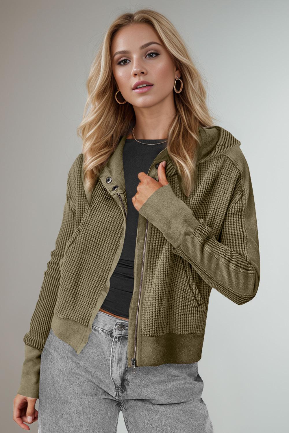 Double Take Hooded Jacket Waffle-Knit Zip Up Long Sleeve Olive 2ed5ec60-8a96-4980-b881-184b784a3ba9-Max Trendsi