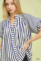 Umgee Women Blouse Blue Striped Notched Top with Short Flutter Sleeves 2ed8d5bf-33d7-4523-9325-7ed416e70dbc-Max-Origin Trendsi