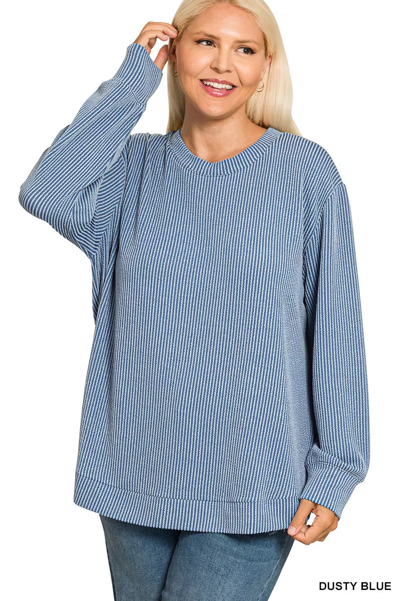 Zenana Knit Top Dusty Blue Raised Rib Round Neck Long Sleeve Plus Sizes 2ed9ee95-e3be-4c4e-b7c0-d367e967e511-Max-Origin Trendsi