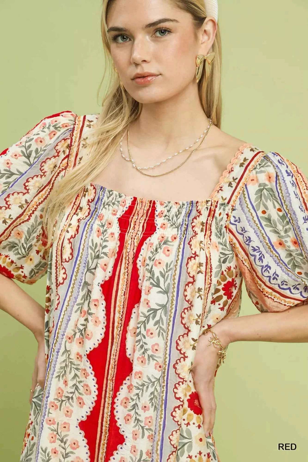 Umgee Mixed Print Puff Sleeve Mini Dress