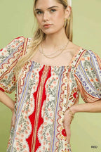 Umgee Mixed Print Puff Sleeve Mini Dress