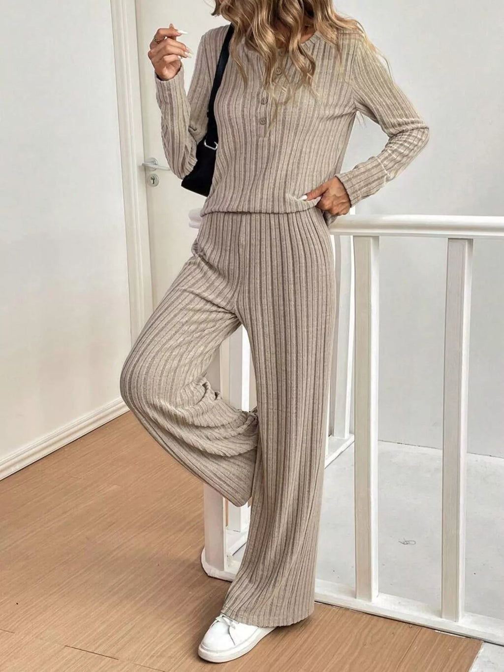 Women's Outfit Set Ribbed Button Detail Long Sleeve Top and Pants Set 2 Pcs 2ee39106ed5b40eda0d4eaf0c15b6218-Max-Origin Trendsi