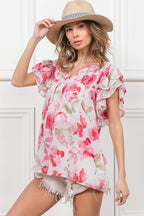 BiBi Blouse Ruffled Floral Print Flutter Sheer Top Short Sleeve 2eede73ec7064817a6f7d96d5c20a739-Max-Origin Trendsi