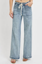 RISEN USA Straight Leg Jeans Women's Medium Wash Elastic Waist Drawstring Pocket 2ef963dd-e435-478f-b2ed-b22952c3b2cd-Min Trendsi
