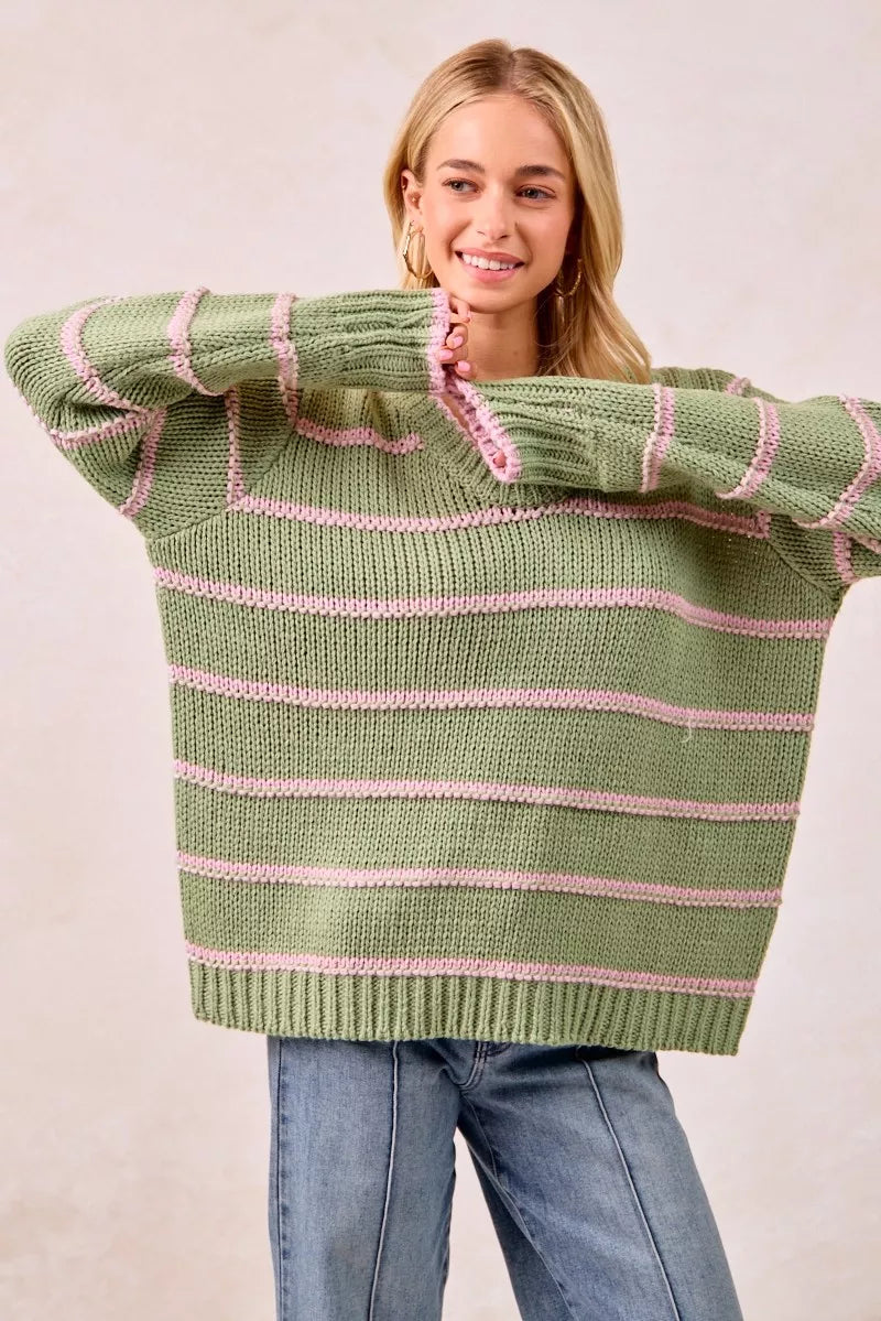 BiBi Womens Sweater Striped Sage Green Long Sleeve Oversized Pullover 2ef9969e4e8641c597a6f6d2e825e296-Max-Origin Trendsi