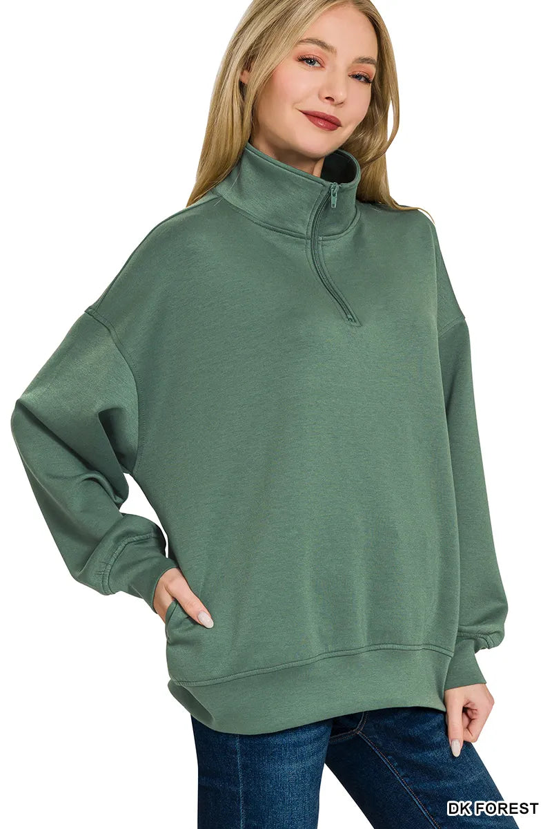 Zenana Women's Sweatshirt Scuba Quarter-Zip High Neck with Pockets DK FOREST 2f002830-74e4-4319-ad55-61017ffd1d50-Max-Origin Trendsi