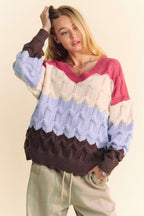 Davi & Dani Wavy Texture Sweater Color Block V-Neck Openwork Knit Pullover mauve light blue 2f00bbc2-8193-4d60-94fc-cc7a1888a55b-Max Trendsi