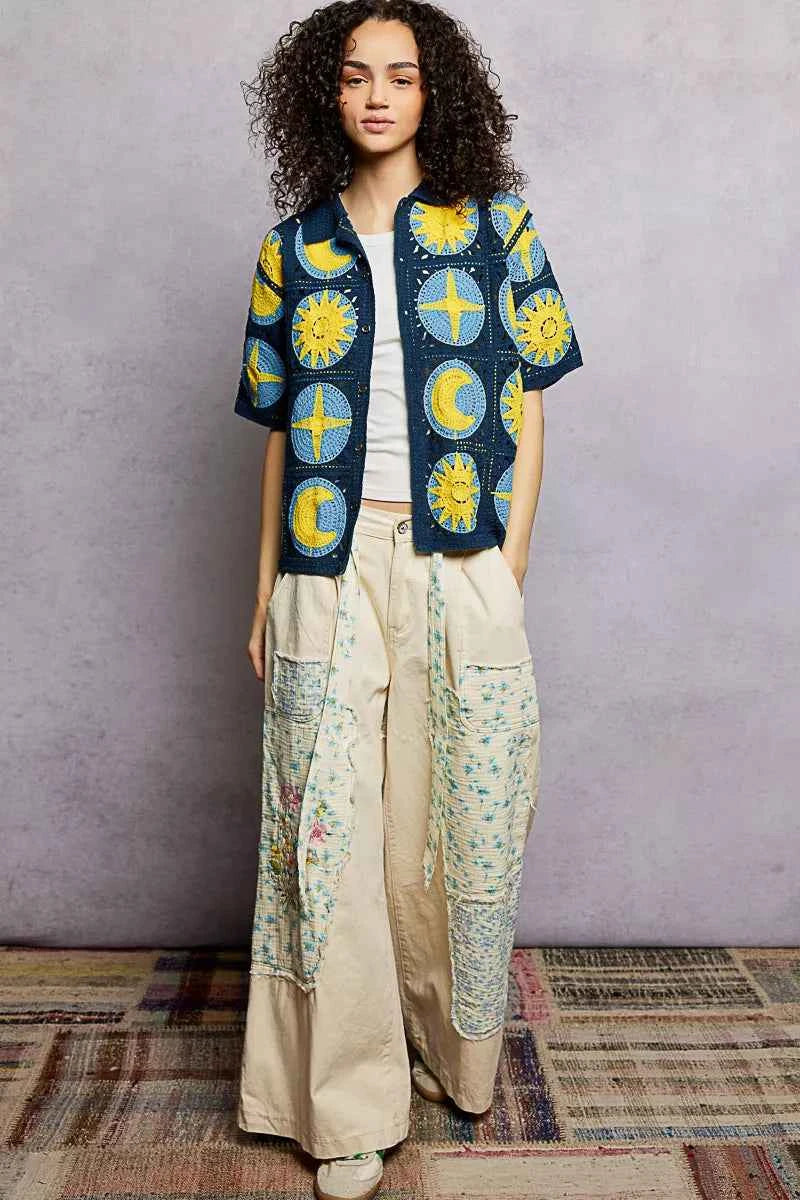 POL Crochet Shirt Navy Multi Openwork Short Sleeve Top 2f074731-3d48-40ea-ba44-633dcd5c8c05-Max-Origin Trendsi