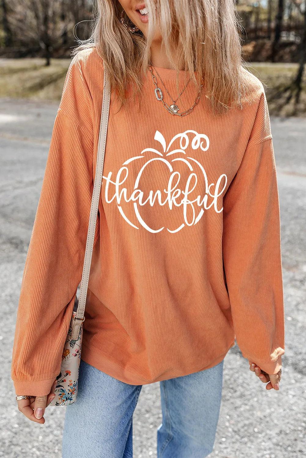Sweatshirt Round Neck Long Sleeve Thankful Pumpkin Print Top Sherbet 2f1134d5-248a-4fde-b0e2-ade722b2dd79-Max Trendsi