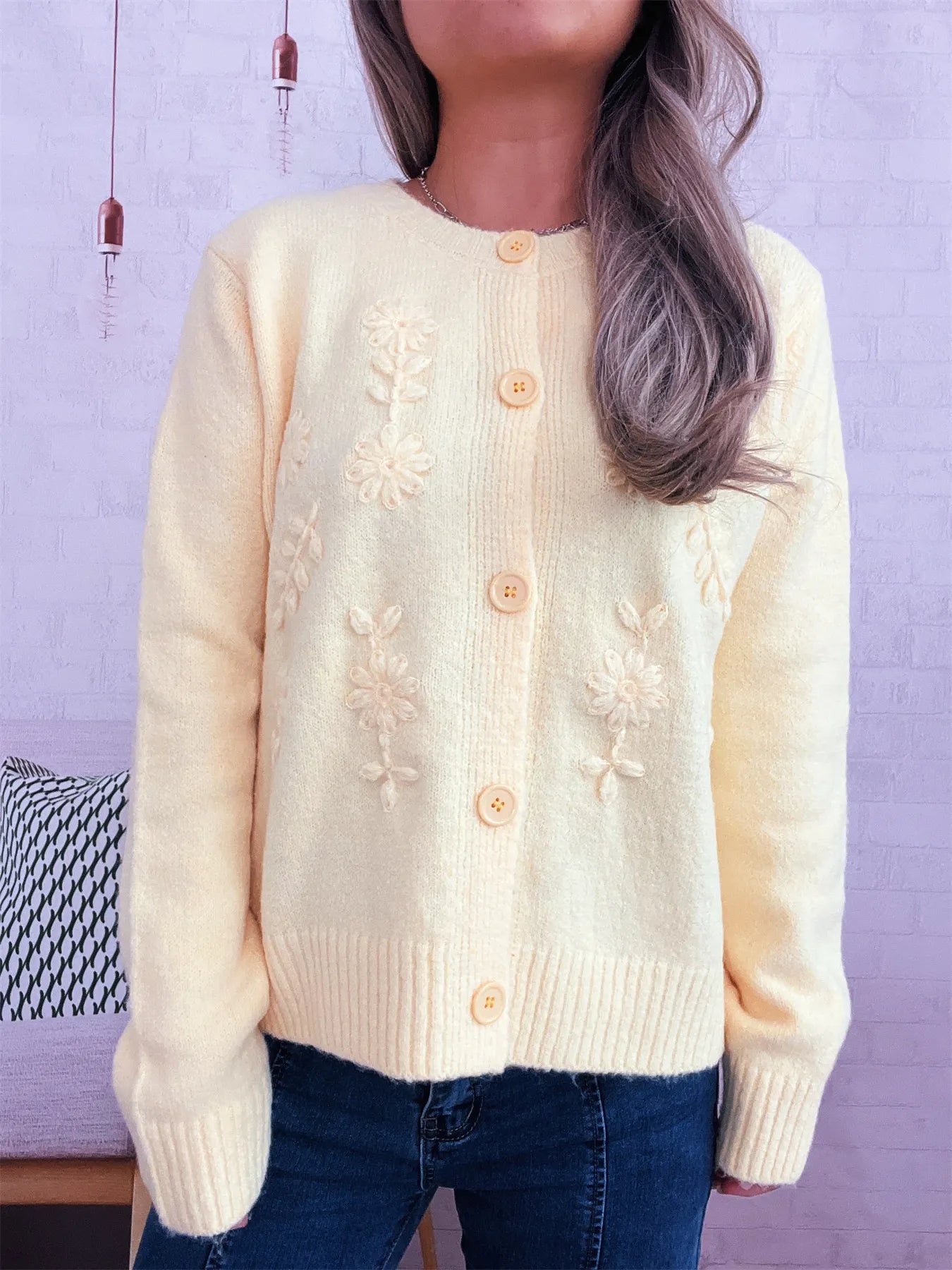 Women's Cardigan Flower Embroidered Button Up Ribbed Hem Round Neck 2f12a043ce574adbb5f5e291ee111726-Max-Origin Trendsi