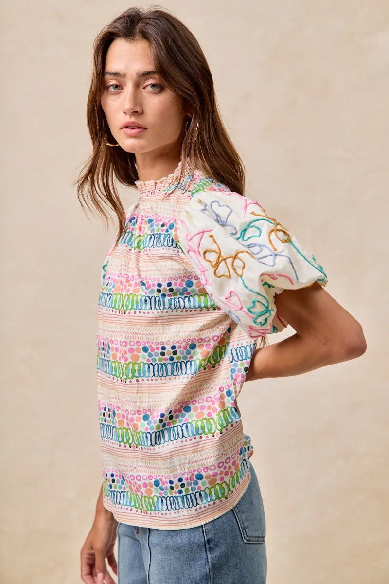 BiBi Blouse Multicolor Ruffle Neckline With Embroidery Bubble Short Sleeve Top 2f1c001e1db44d75b9ca41a509f8796d-Max-Origin Trendsi