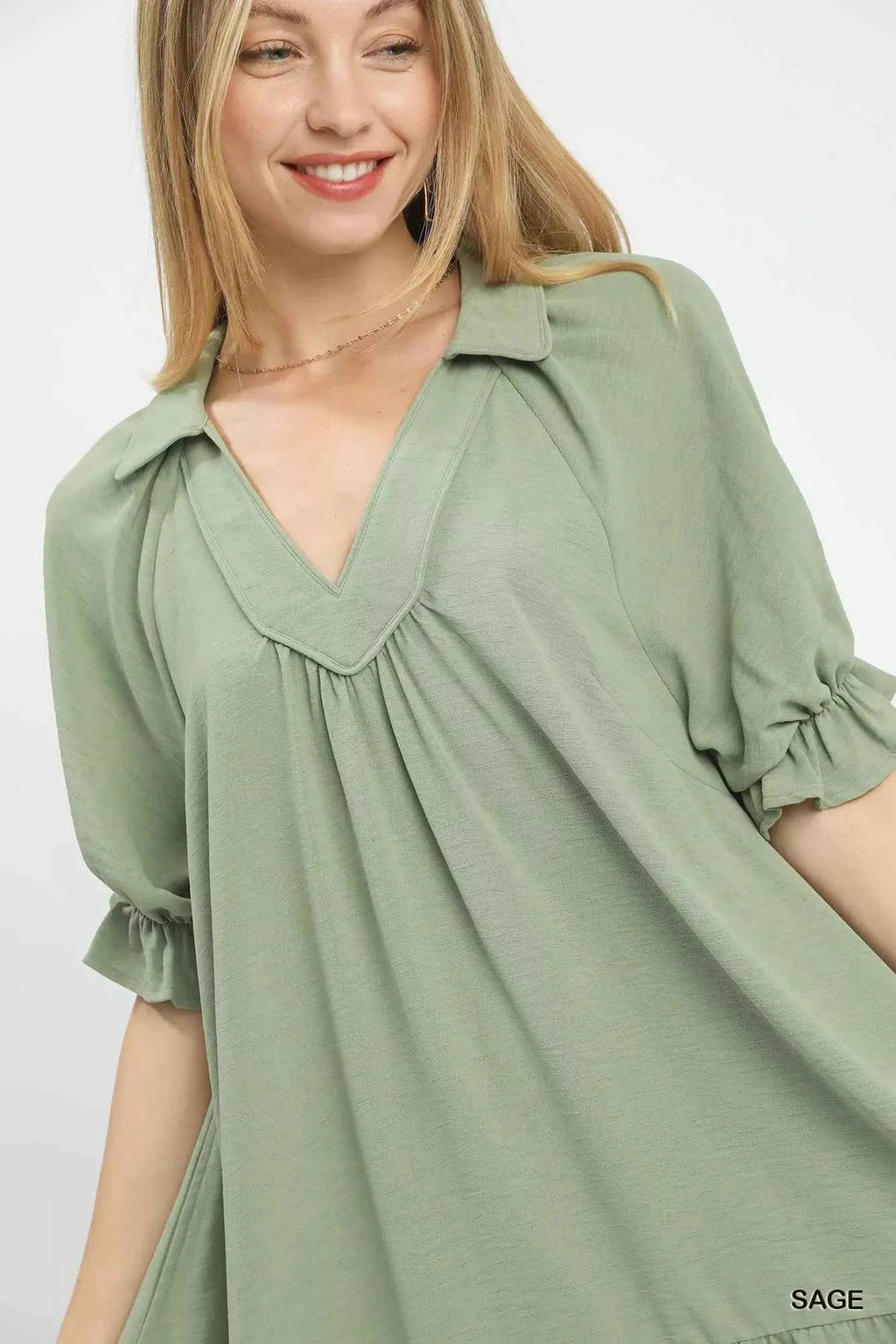 Umgee Babydoll Mini Dress Sage Green Tiered Puff Short Sleeve Ruffled 2f26e76c-47e5-4f81-b20e-92babbed55be-Max-Origin Trendsi