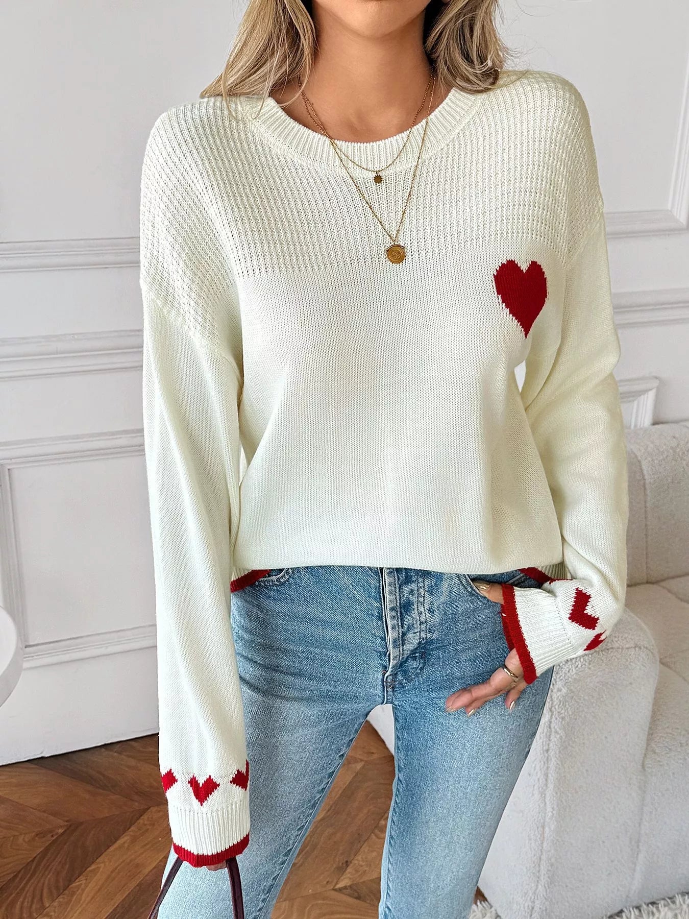 Women's Sweater White Heart Pattern Dropped Shoulder Long Sleeve Pullover White 2f2c5a6ac42649ec974022046522ddae-Max-Origin Trendsi